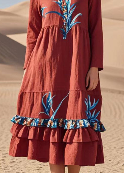 Red Print Patchwork Ruffles Cotton Dresses Spring
