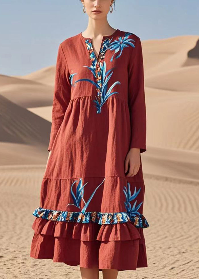 Red Print Patchwork Ruffles Cotton Dresses Spring