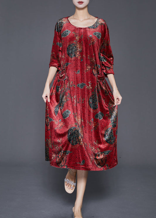 Red Print Pockets Silk Velour Maxi Dress Fall