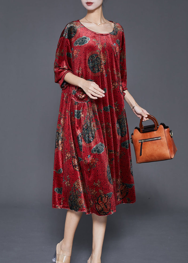 Red Print Pockets Silk Velour Maxi Dress Fall
