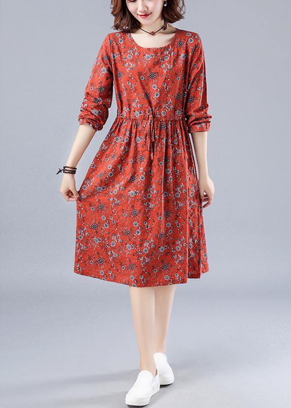 Red Print Wardrobes O Neck Drawstring Loose Spring Dresses