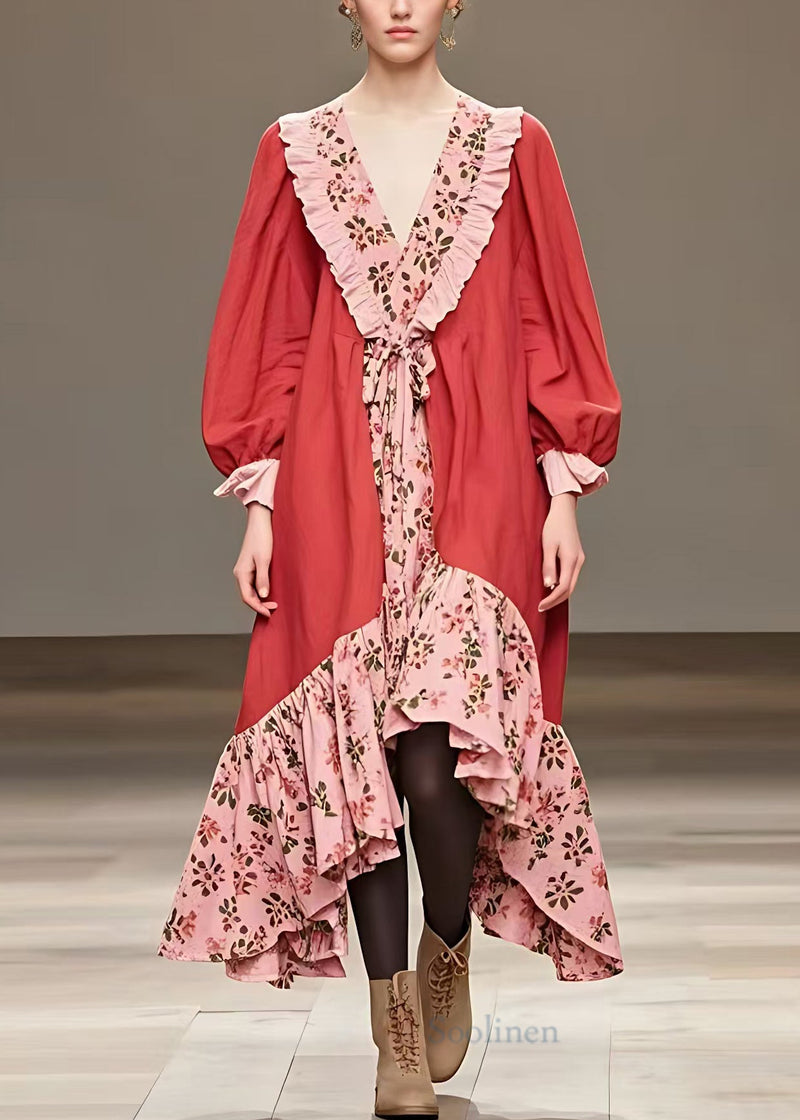 Red Ruffled Print Patchwork Cotton Long Dress Fall