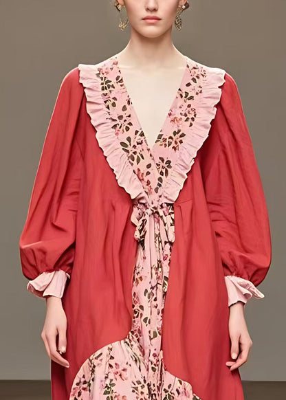 Red Ruffled Print Patchwork Cotton Long Dress Fall