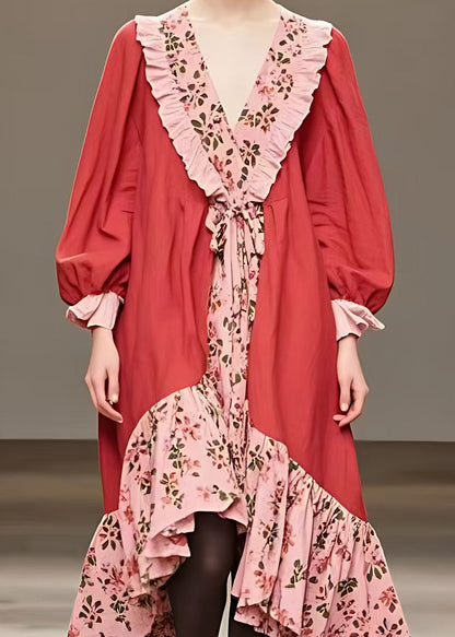 Red Ruffled Print Patchwork Cotton Long Dress Fall