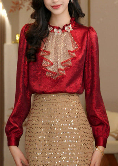 Chic Red Ruffled Sequins Patchwork Silk Shirt Top Spring