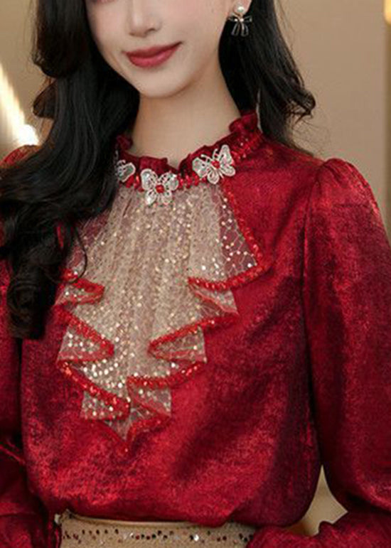 Chic Red Ruffled Sequins Patchwork Silk Shirt Top Spring