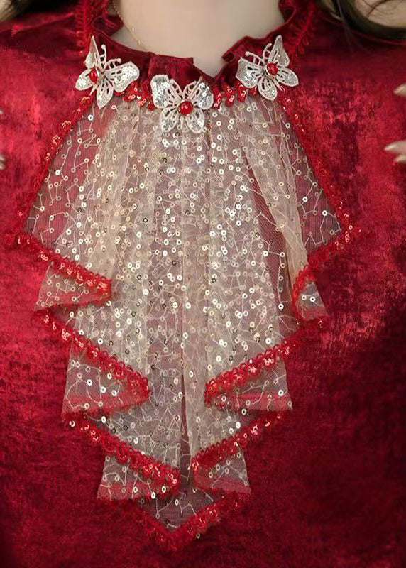 Chic Red Ruffled Sequins Patchwork Silk Shirt Top Spring