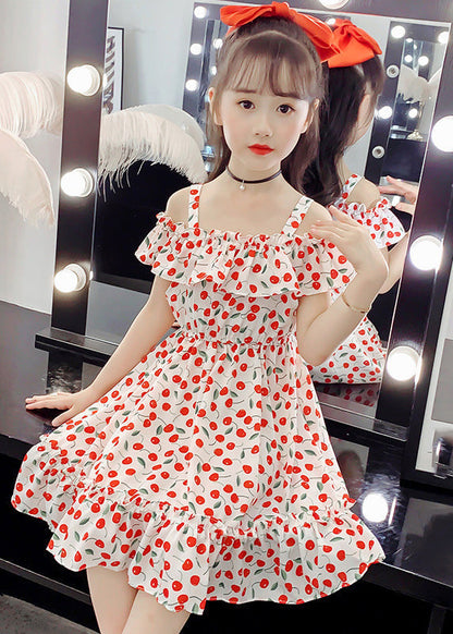 Red Slash Neckprint Ruffled Patchwork Chiffon Long Dress
