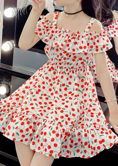 Red Slash Neckprint Ruffled Patchwork Chiffon Long Dress