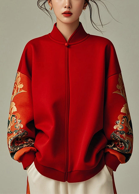 Red Stand Collar Patchwork Cotton Sweatshirt Spring