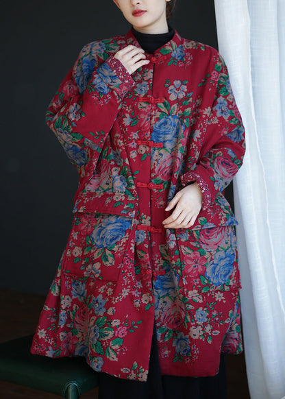 Red Stand Collar Print Button Warm Fleece Cotton Parka Winter