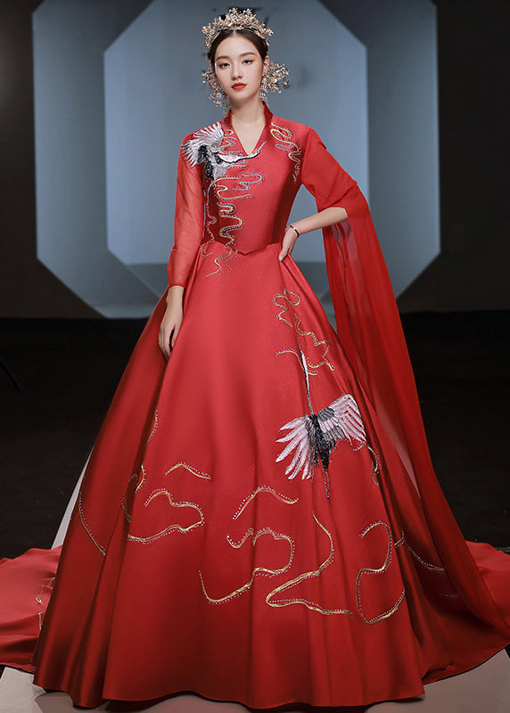 Red V Neck Embroidered Patchwork Silk Ankle Dress Fall