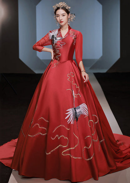 Red V Neck Embroidered Patchwork Silk Ankle Dress Fall