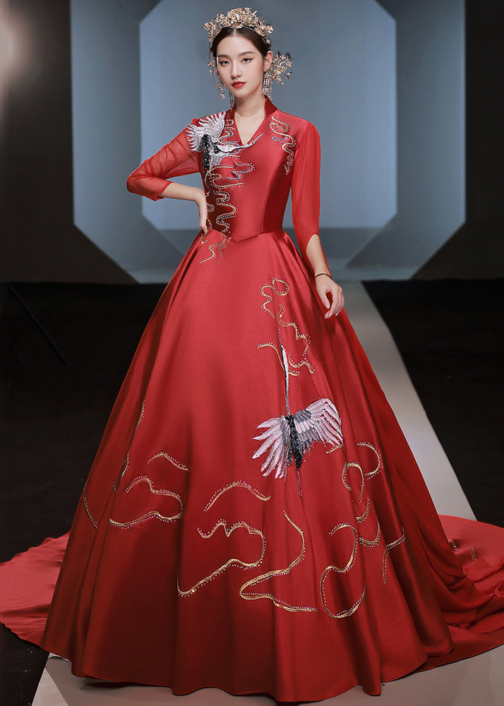 Red V Neck Embroidered Patchwork Silk Ankle Dress Fall