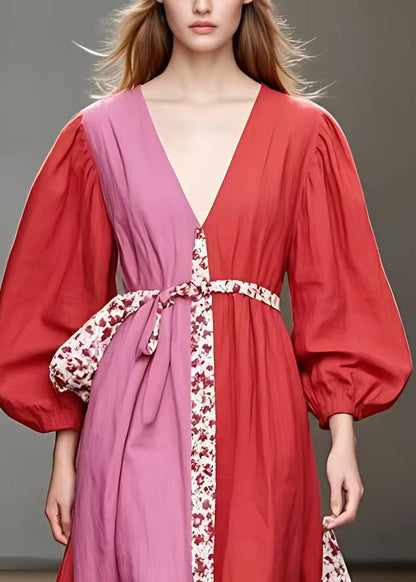 Red V Neck Print Patchwork Cotton Long Dress Fall