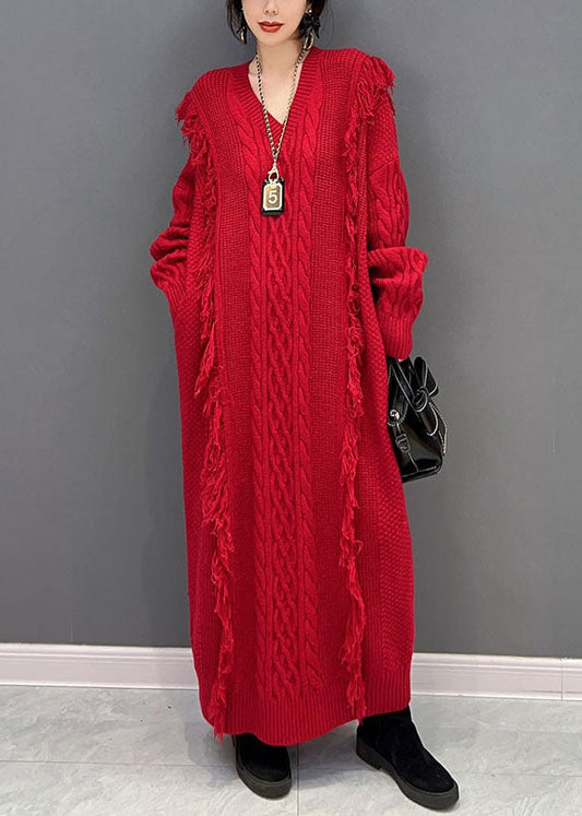 Red V Neck Tassel Long Knit Dress Winter