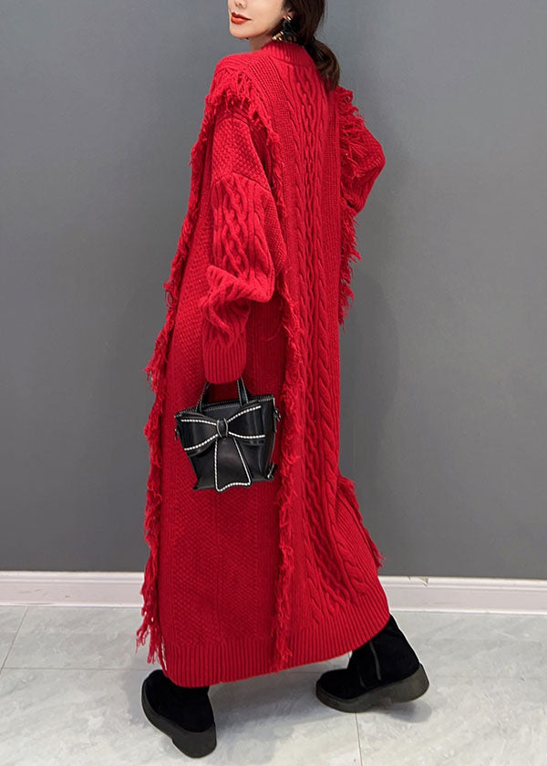 Red V Neck Tassel Long Knit Dress Winter