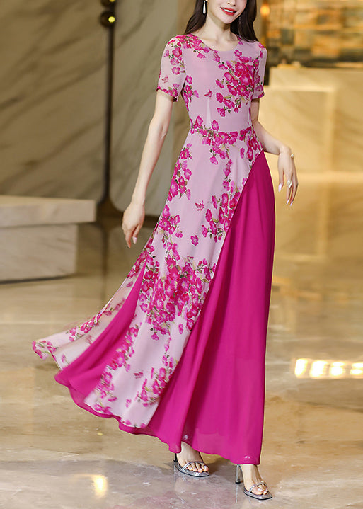 Rose Asymmetrical Print Patchwork Chiffon Dresses Summer