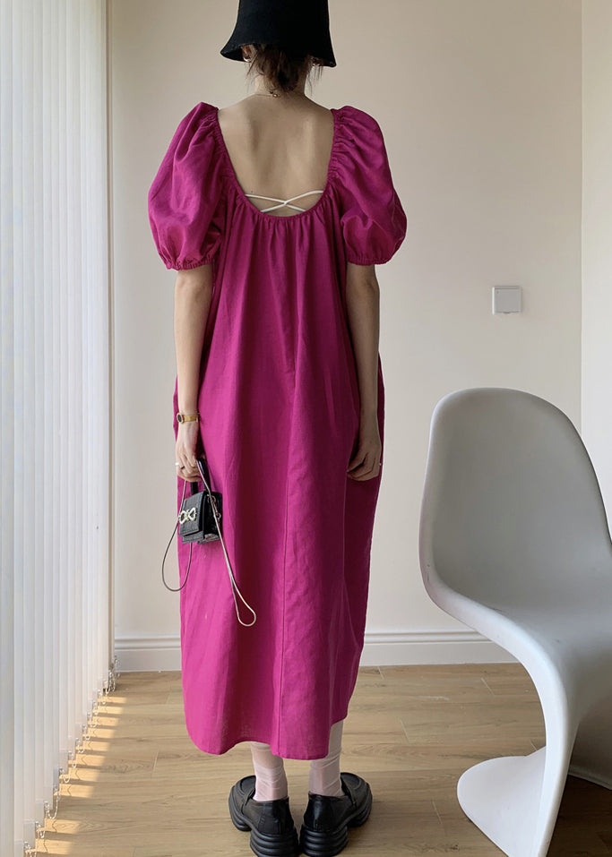 Rose Backless Patchwork Cotton Long Dresses Puff Sleeve