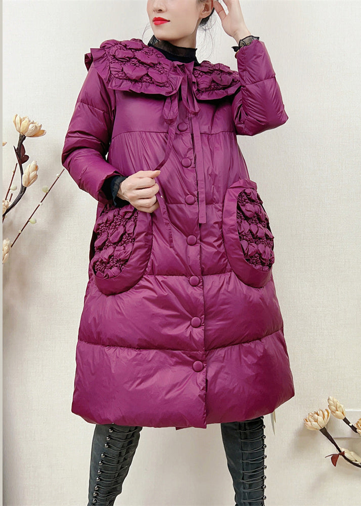 Rose Button Lace Up Patchwork Duck Down Down Long Sleeve