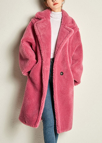 Rose Notched Pockets Cozy Loose Faux Fur Coat Long Sleeve