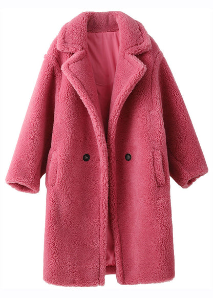 Rose Notched Pockets Cozy Loose Faux Fur Coat Long Sleeve