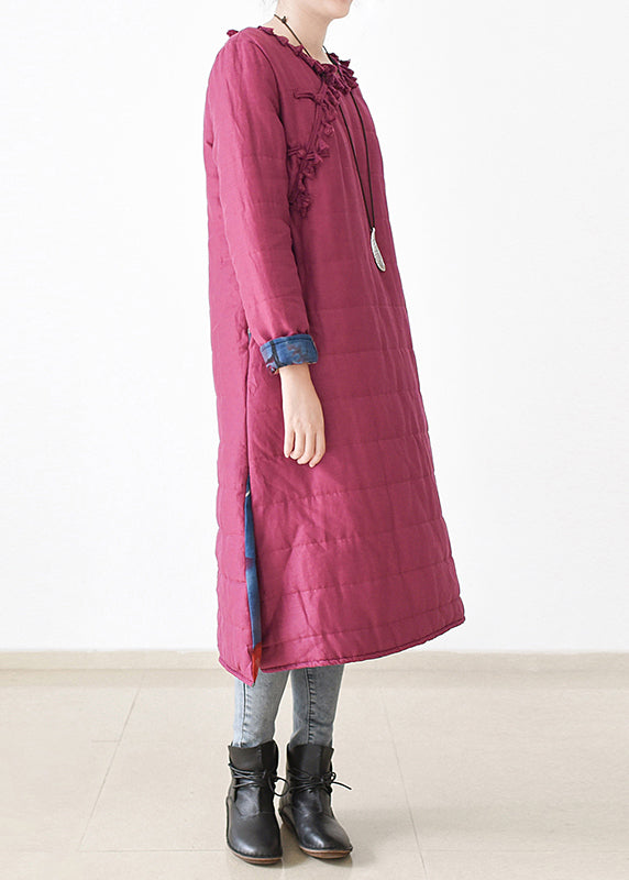 Rose O-neck Button Side Open Thick Cotton Blend Long Parka Witner