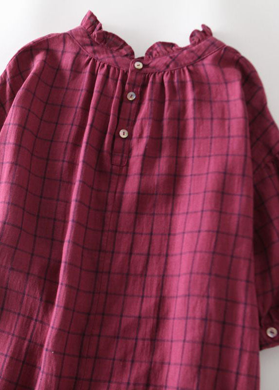 Rose Plaid Ruffled Pockets Patchwork Linen Dresses Summer