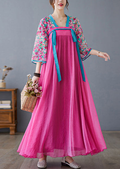 Rose Print Lace Up Patchwork Chiffon Exra Large Hem Dress Summer