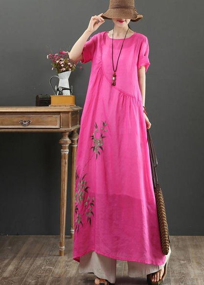 Rose Print Asymmetrical Design Party Summer Linen Dress