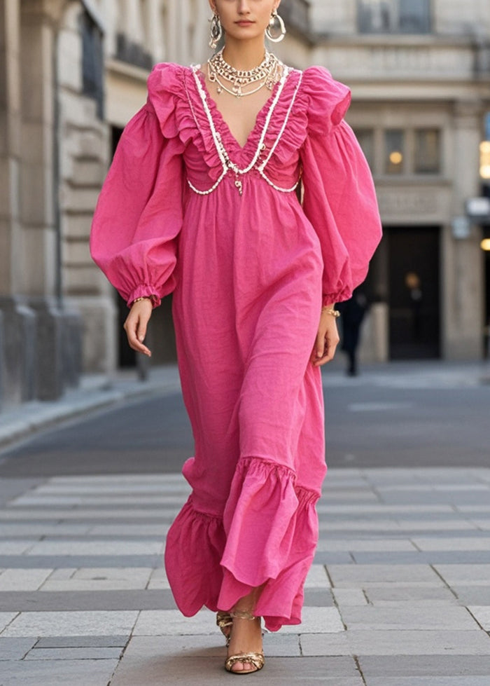 Rose Ruffled Nail Bead Cotton Vacation Dresses Spring
