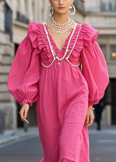 Rose Ruffled Nail Bead Cotton Vacation Dresses Spring