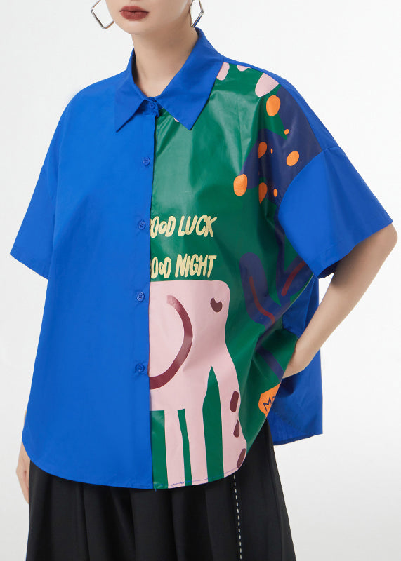Royal Blue Print Button Patchwork Cotton Blouse Tops Short Sleeve