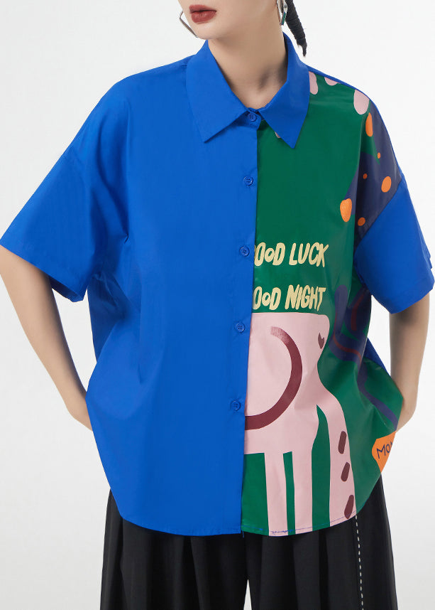 Royal Blue Print Button Patchwork Cotton Blouse Tops Short Sleeve