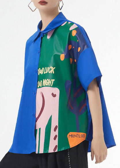 Royal Blue Print Button Patchwork Cotton Blouse Tops Short Sleeve