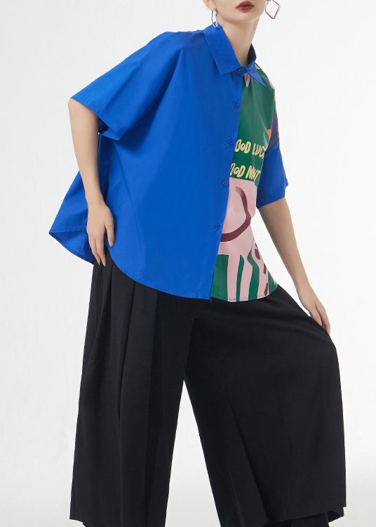 Royal Blue Print Button Patchwork Cotton Blouse Tops Short Sleeve