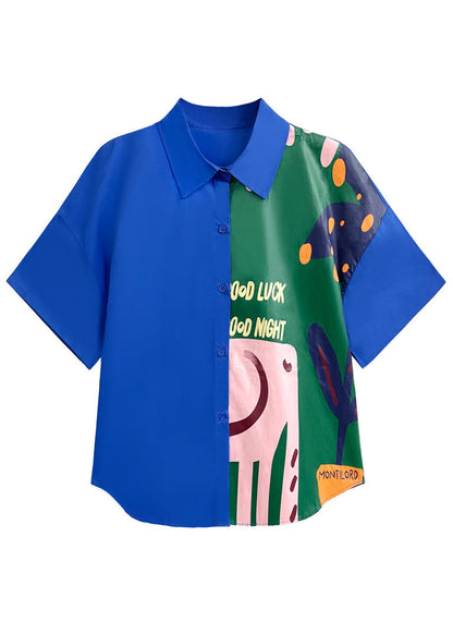 Royal Blue Print Button Patchwork Cotton Blouse Tops Short Sleeve