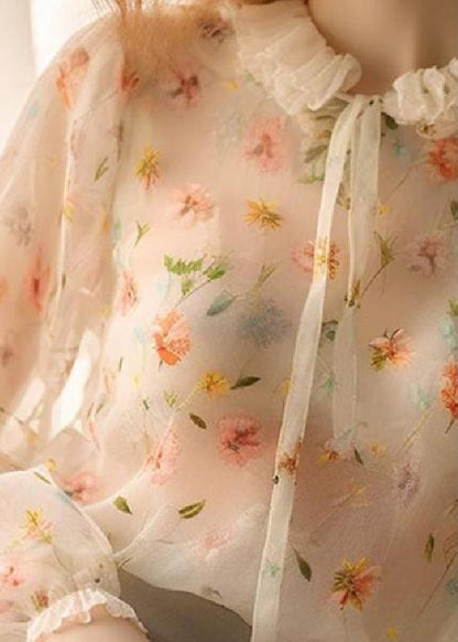 Chic Ruffled Lace Up Print Chiffon Shirt Fall