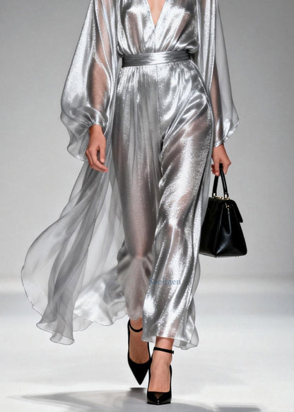 Silver V Neck Silk Long Dresses Spring