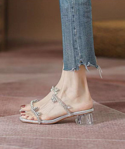Silver Zircon Peep Toe Chunky Heel Slide Sandals