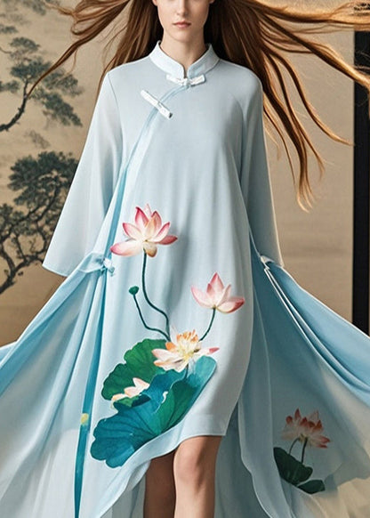 Sky Blue Asymmetrical Lotus Print Chiffon Oriental Dress Spring