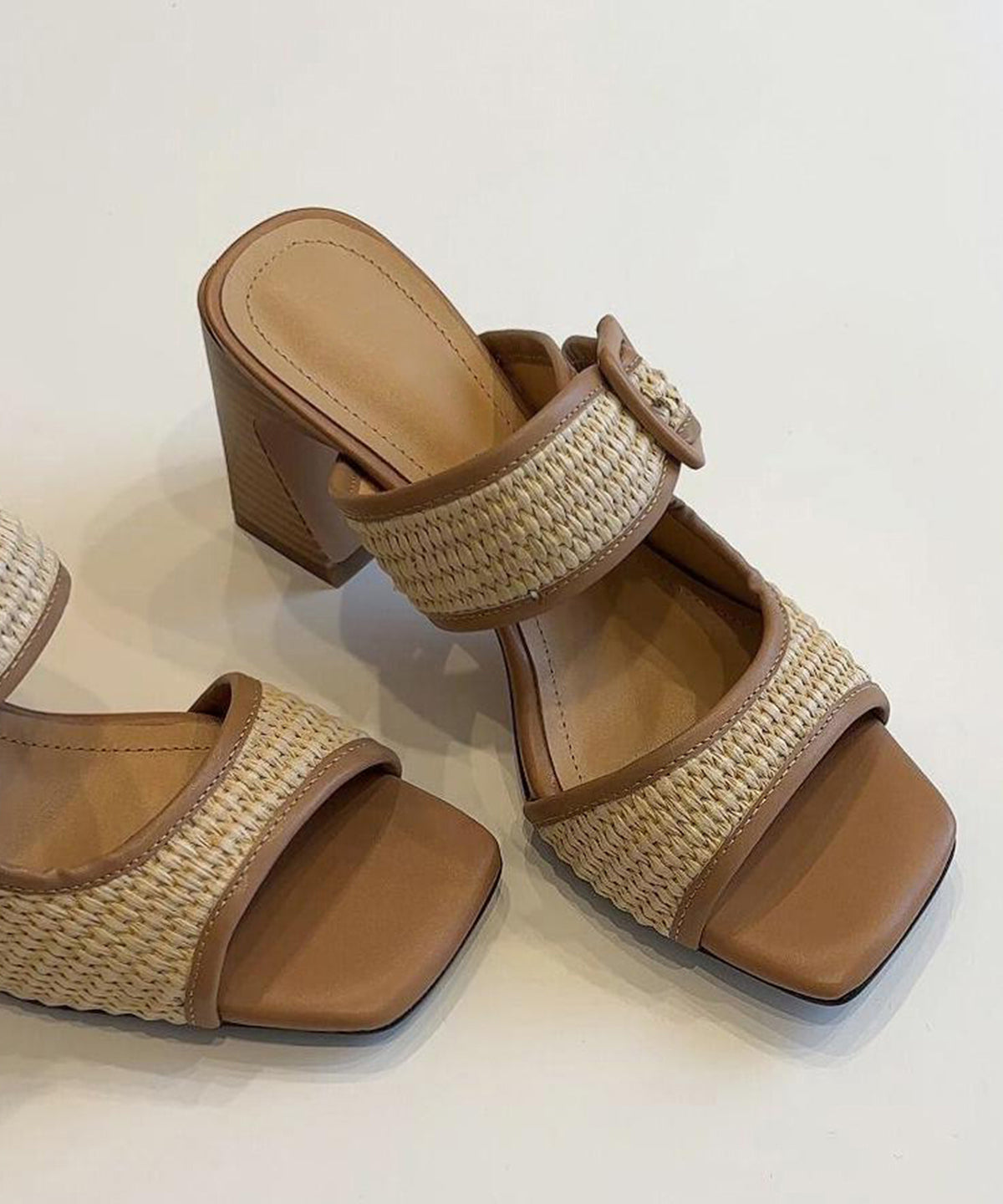 Splicing Chunky Heel Brown Faux Leather Slide Sandals
