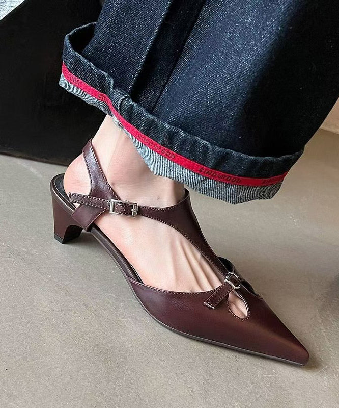 Splicing Chunky Hollow Out Sandals Brown Cowhide Leather