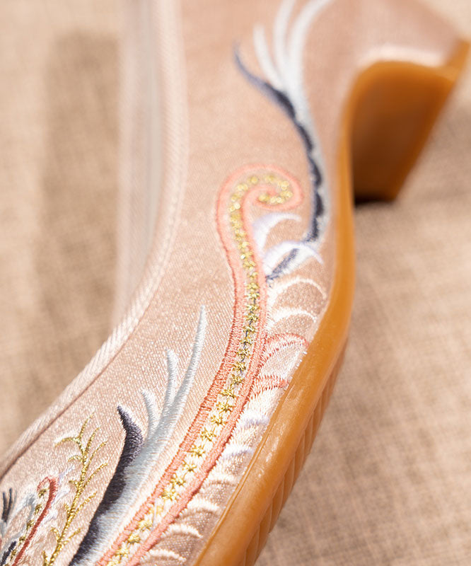 Splicing Pointed Toe Chunky Beige Satin Embroideried