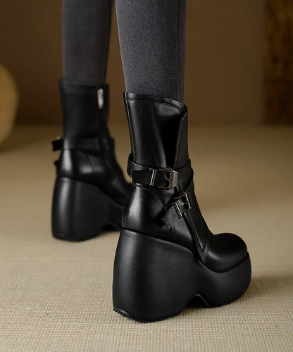 Splicing Wedge Boots Black Cowhide Leather