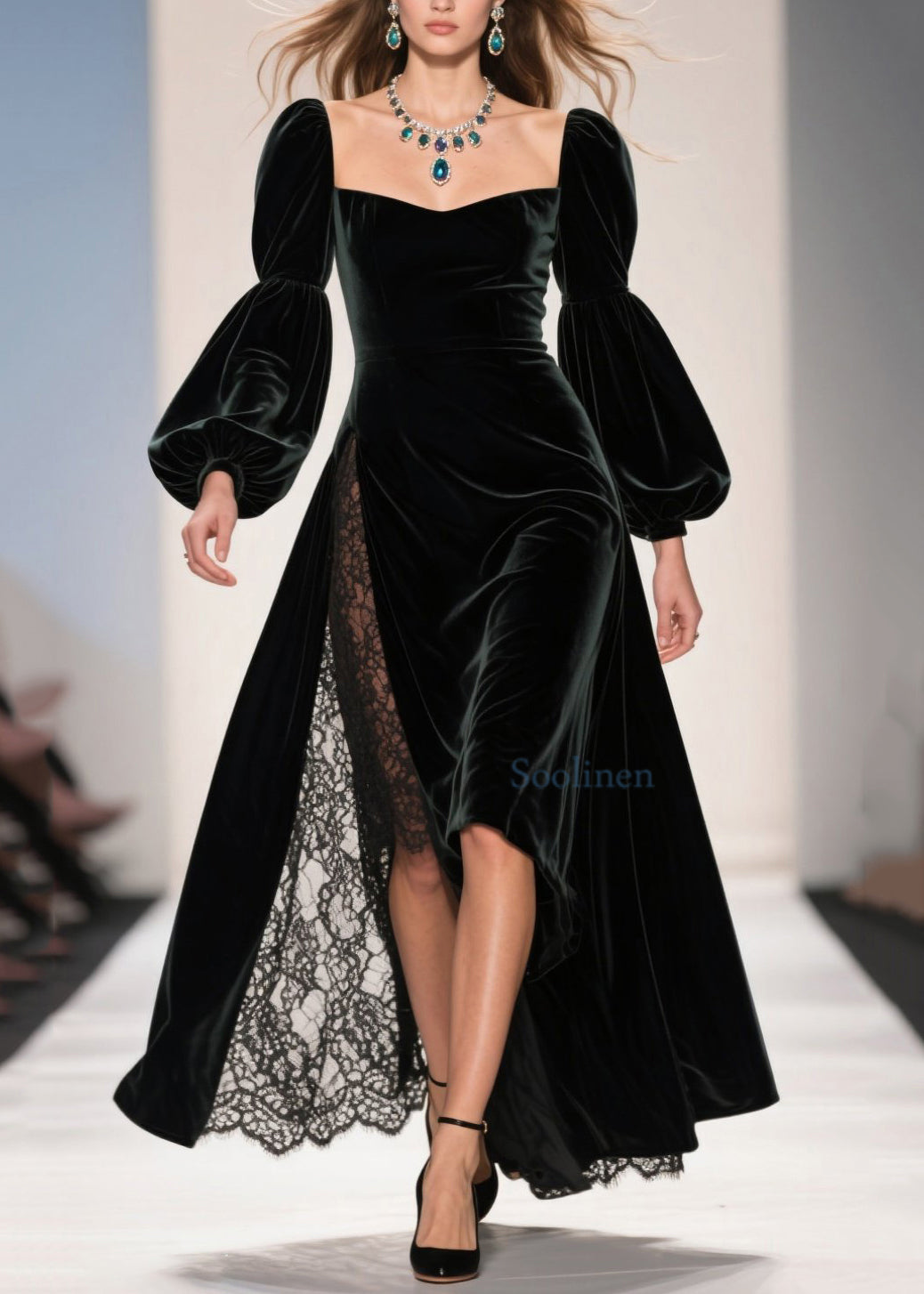Square Collar Lace Patchwork Velvet Ankle Dress Spring