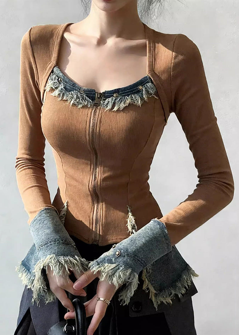 Square Collar Zippered Denim Patchwork T Shirt Spring