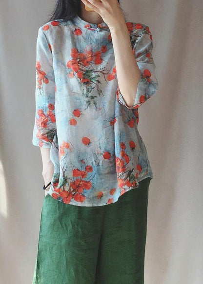 Chic Stand Collar Chinese Button Tops Women Print Shirts
