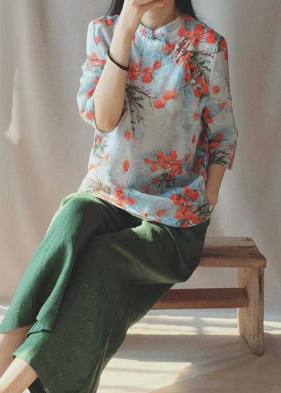 Chic Stand Collar Chinese Button Tops Women Print Shirts