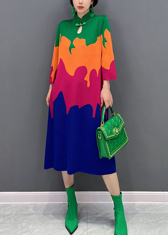 Stand Collar Print Button Silk Maxi Dresses Fall